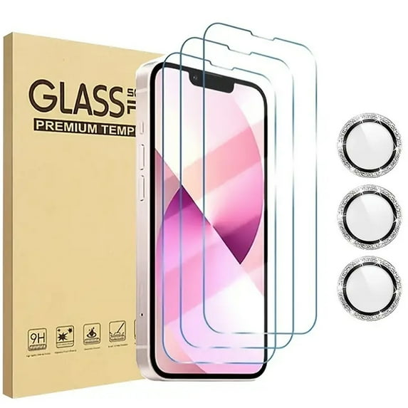 CoverON for Apple iPhone 14 Pro Screen Protector Tempered Glass, 3pcs Screen Protector and 3pcs Camera individual Len Ring Bling Diamond Glitter Screen Protector for iPhone 14 Pro Camera Lens