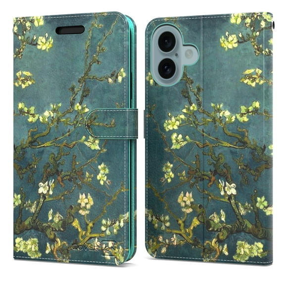 CoverON For Apple iPhone 16 Plus / iPhone 16+ Wallet Case, RFID Blocking Vegan Leather 6x Card Slot Holder Cover Flip Folio Phone Pouch, Almond Blossom Art