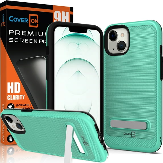 CoverON For Apple iPhone 13 Mini Case and Screen Protector Tempered Glass, Slim Metal Kickstand Rugged Dual Layer Phone Cover, Mint Teal