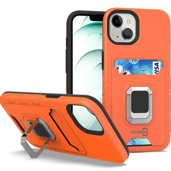 CoverON For Apple iPhone 13 Mini Phone Case, KickStand Ring Credit Card slot Rugged Cover Magnetic holder, Orange