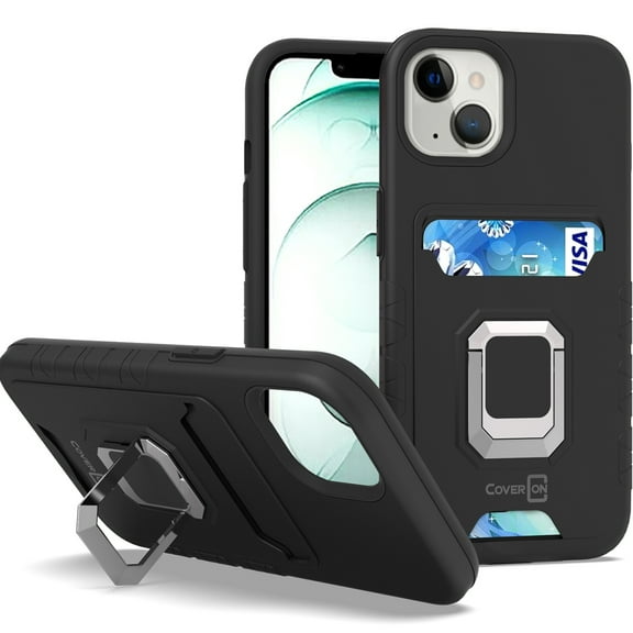 CoverON For Apple iPhone 13 Phone Case, KickStand Ring Credit Card slot Rugged Cover Magnetic holder, Black
