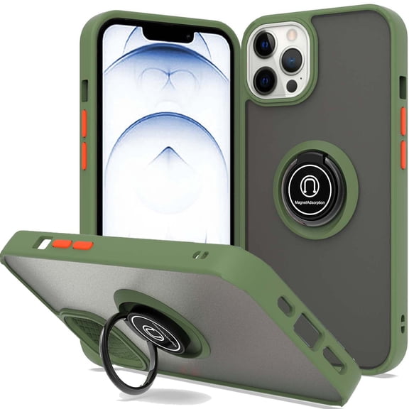CoverON For Apple iPhone 13 Pro Max Phone Case, Ring Holder Kickstand Magnetic Mount Clear Hard Back Cover Rubber Bumper, Army Green