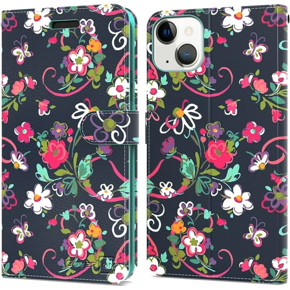 CoverON For Apple iPhone 13 Wallet Case, RFID Blocking Vegan Leather 6x Card Slot Holder Cover Flip Folio Phone Pouch, Navy Flower
