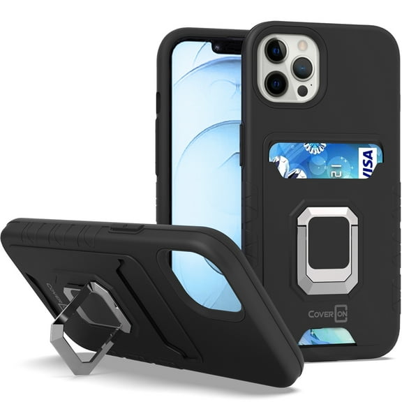 CoverON For Apple iPhone 13 pro Phone Case, KickStand Ring Credit Card slot Rugged Cover Magnetic holder, Black
