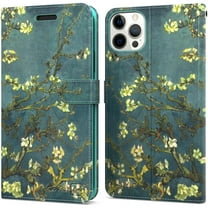CoverON For Apple iPhone 13 pro Wallet Case, RFID Blocking Vegan Leather 6x Card Slot Holder Cover Flip Folio Phone Pouch, Almond Blossom Art