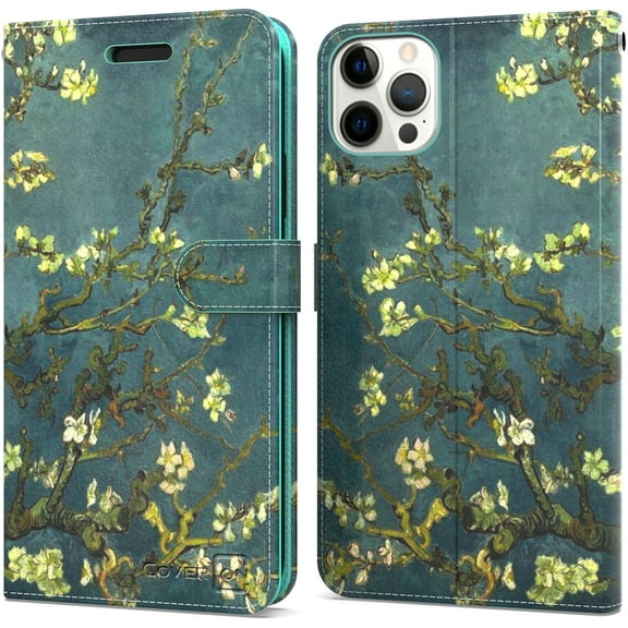 CoverON For Apple iPhone 13 pro Wallet Case, RFID Blocking Vegan Leather 6x Card Slot Holder Cover Flip Folio Phone Pouch, Almond Blossom Art