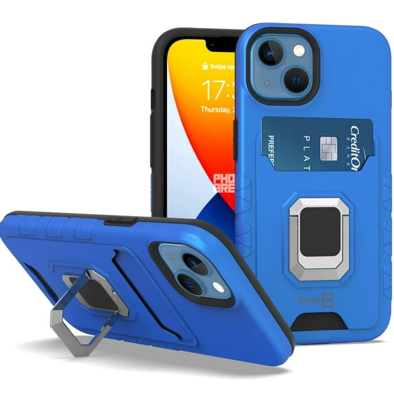CoverON For Apple iPhone 14 Case, Credit Card slot Ring KickStand Rugged Phone Cover Magnetic holder, Blue