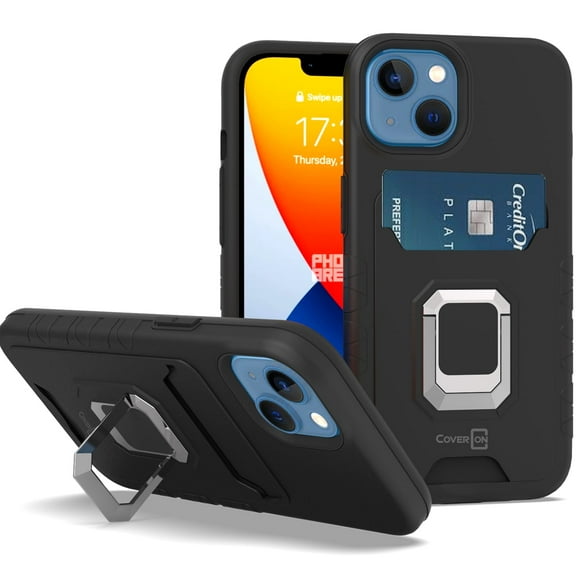 CoverON For Apple iPhone 14 Phone Case, Credit Card slot Ring KickStand Rugged Cover Magnetic holder, Black