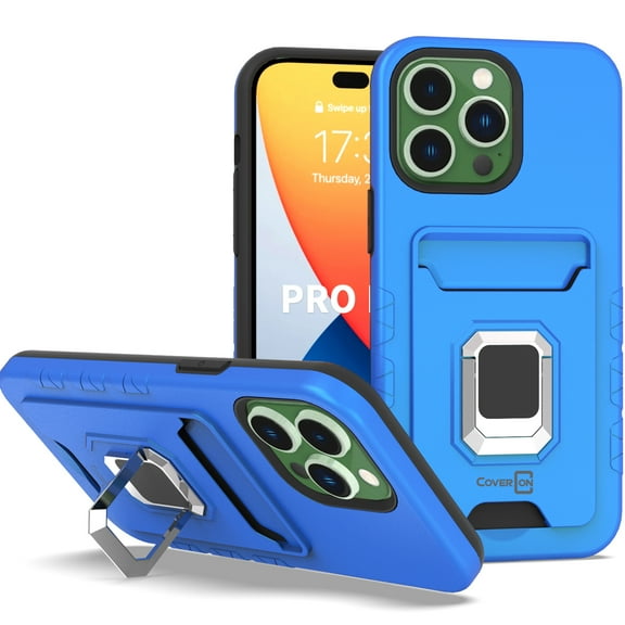 CoverON For Apple iPhone 14 Pro Case, Credit Card slot Ring KickStand Rugged Phone Cover Magnetic holder, Blue