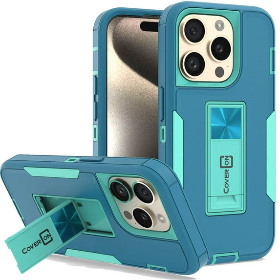 CoverON For Apple iPhone 15 Pro Phone Case, Military Grade Heavy Duty Full Body Kickstand Cover, Turquoise