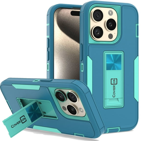 CoverON For Apple iPhone 15 Pro Phone Case, Military Grade Heavy Duty Full Body Kickstand Cover, Turquoise