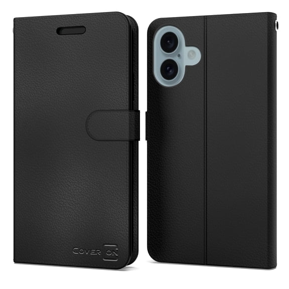 CoverON For Apple iPhone 16 Plus / iPhone 16+ Leather Case, RFID Blocking Wallet 6x Card Slot Holder Cover Flip Folio Phone Pouch, Black