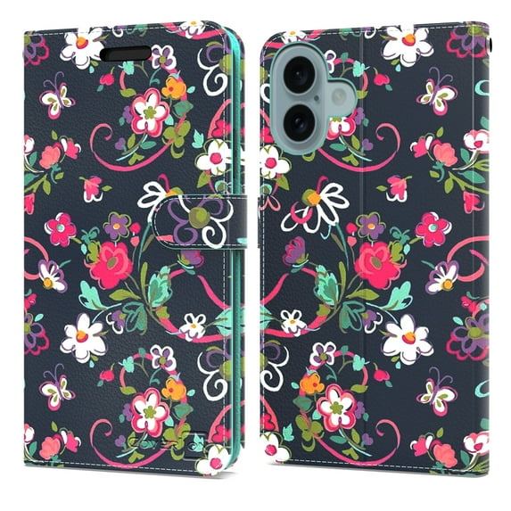 CoverON For Apple iPhone 16 Plus / iPhone 16+ Wallet Case, RFID Blocking Vegan Leather 6x Card Slot Holder Cover Flip Folio Phone Pouch, Navy Flower