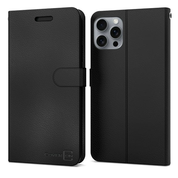 CoverON For Apple iPhone 16 Pro Leather Case, RFID Blocking Wallet 6x Card Slot Holder Cover Flip Folio Phone Pouch, Black
