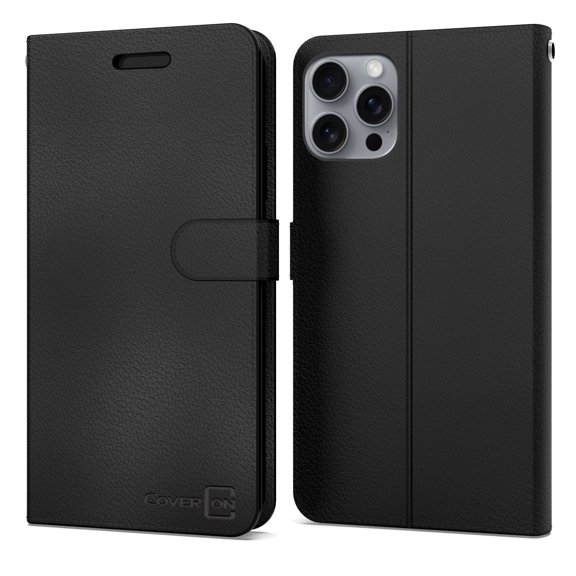 CoverON For Apple iPhone 16 Pro Max Leather Case, RFID Blocking Wallet 6x Card Slot Holder Cover Flip Folio Phone Pouch, Black