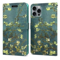 CoverON For Apple iPhone 16 Pro Wallet Case, RFID Blocking Vegan Leather 6x Card Slot Holder Cover Flip Folio Phone Pouch, Almond Blossom Art