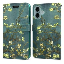 CoverON For Apple iPhone 16 Wallet Case, RFID Blocking Vegan Leather 6x Card Slot Holder Cover Flip Folio Phone Pouch, Almond Blossom Art