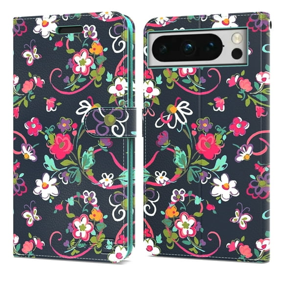CoverON For Google Pixel 8 Pro Wallet Case, RFID Blocking Vegan Leather 6x Card Slot Holder Cover Flip Folio Phone Pouch, Navy Flower