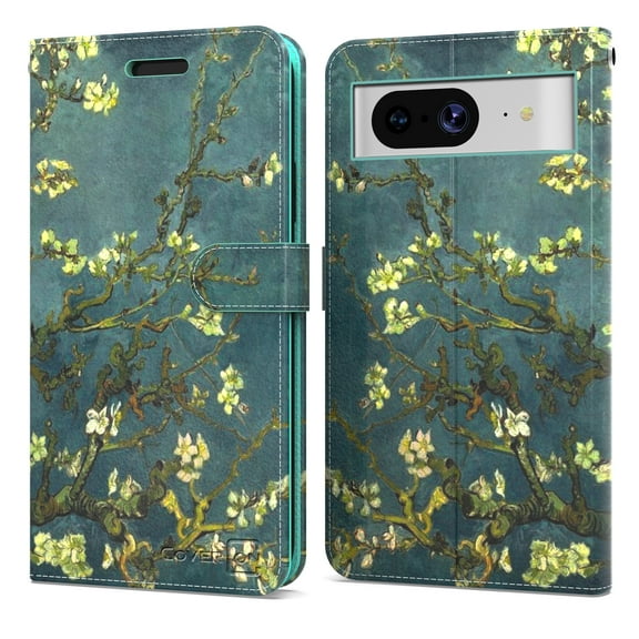 CoverON For Google Pixel 8 Wallet Case, RFID Blocking Vegan Leather 6x Card Slot Holder Cover Flip Folio Phone Pouch, Almond Blossom Art