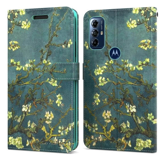 CoverON For Motorola Moto G Play 2023 Wallet Case, RFID Blocking Vegan Leather 6x Card Slot Holder Cover Flip Folio Phone Pouch, Almond Blossom Art