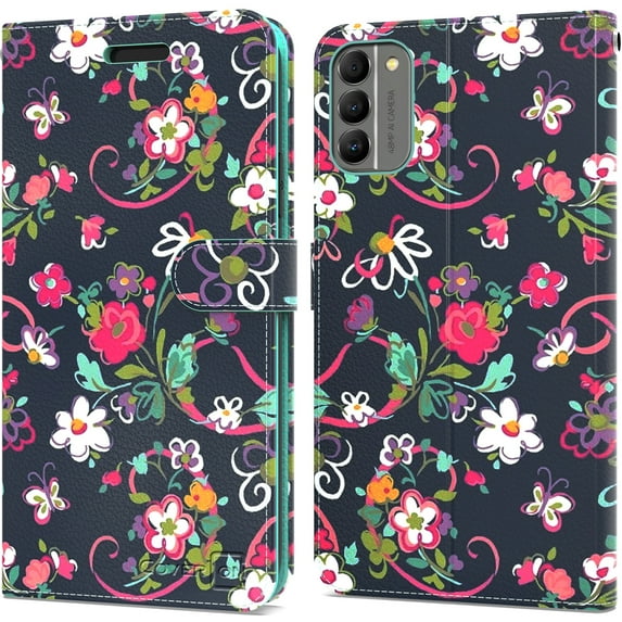 CoverON For Nokia G400 5G Wallet Case, RFID Blocking Vegan Leather 6x Card Slot Holder Cover Flip Folio Phone Pouch, Navy Flower