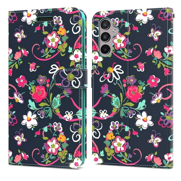 CoverON For Samsung Galaxy A24 Wallet Case, RFID Blocking Vegan Leather 6x Card Slot Holder Cover Flip Folio Phone Pouch, Navy Flower