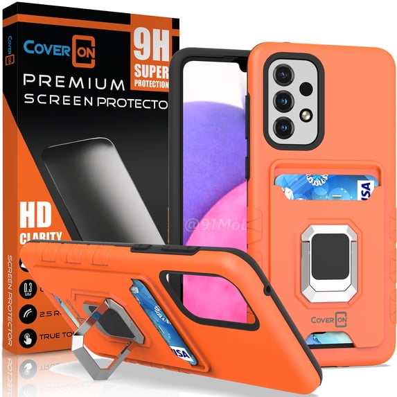 CoverON For Samsung Galaxy A33 5G Case and Screen Protector Tempered Glass, Credit Card Slot holder KickStand Ring Rugged Phone Cover, Orange