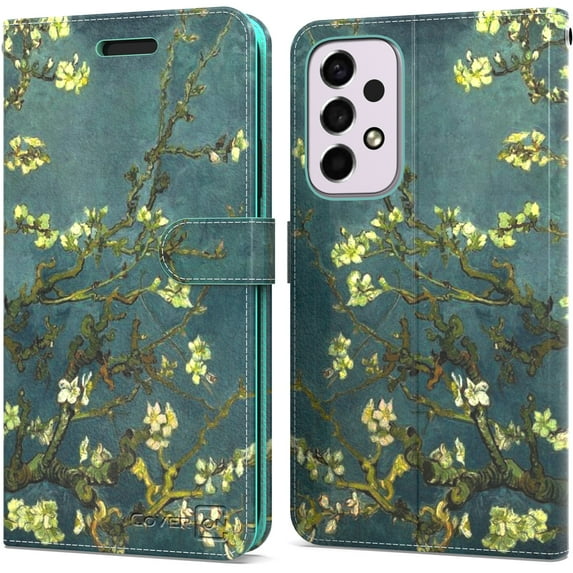 CoverON For Samsung Galaxy A53 5G Wallet Case, RFID Blocking Vegan Leather 6x Card Slot Holder Cover Flip Folio Phone Pouch, Almond Blossom Art