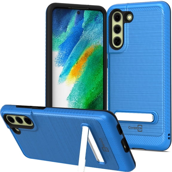CoverON For Samsung Galaxy S21 FE Case, Slim Metal Kickstand Rugged Dual Layer Phone Cover, Blue