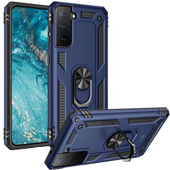 CoverON For Samsung Galaxy S21 FE Ring Case, Kickstand Rugged Phone Cover Magnetic Car Mount Compatible - Navy Blue