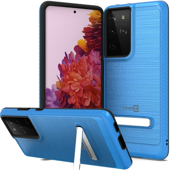 CoverON For Samsung Galaxy S21 Ultra 5G Case, Slim Metal Kickstand Rugged Dual Layer Phone Cover, Blue