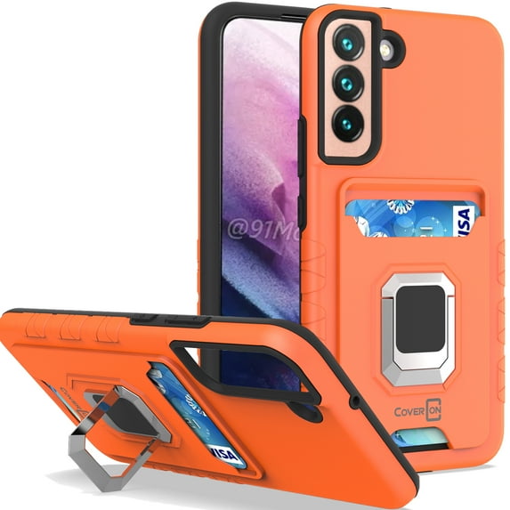 CoverON For Samsung Galaxy S22 Phone Case, KickStand Ring Credit Card slot Rugged Cover Magnetic holder, Orange