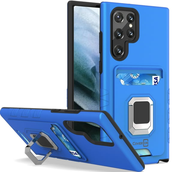 CoverON For Samsung Galaxy S22 Ultra Case, KickStand Ring Credit Card slot Rugged Phone Cover Magnetic holder, Blue