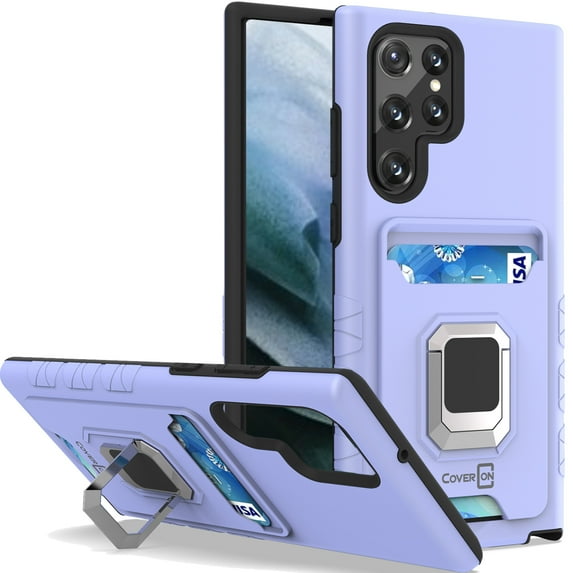 CoverON For Samsung Galaxy S22 Ultra Case, KickStand Ring Credit Card slot Rugged Phone Cover Magnetic holder, Lavender