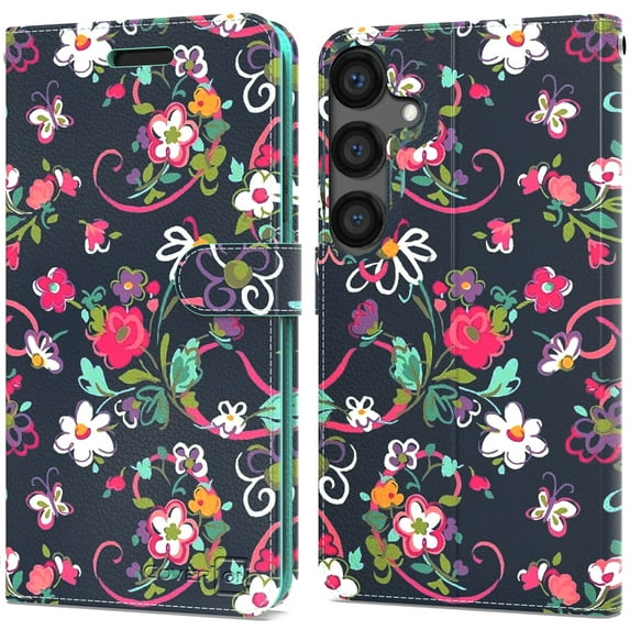 CoverON For Samsung Galaxy S23 FE Wallet Case, RFID Blocking Vegan Leather 6x Card Slot Holder Cover Flip Folio Phone Pouch, Navy Flower