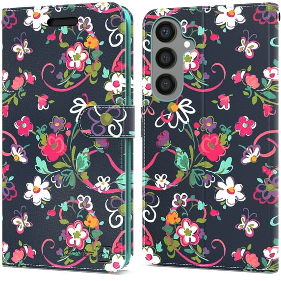 CoverON For Samsung Galaxy S25+ / Galaxy S25 Plus Wallet Case, RFID Blocking Vegan Leather 6x Card Slot Holder Cover Flip Folio Phone Pouch, Navy Flower