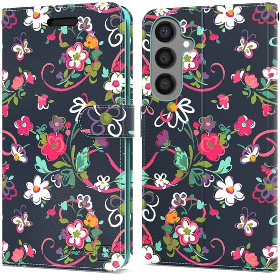 CoverON For Samsung Galaxy S25+ / Galaxy S25 Plus Wallet Case, RFID Blocking Vegan Leather 6x Card Slot Holder Cover Flip Folio Phone Pouch, Navy Flower