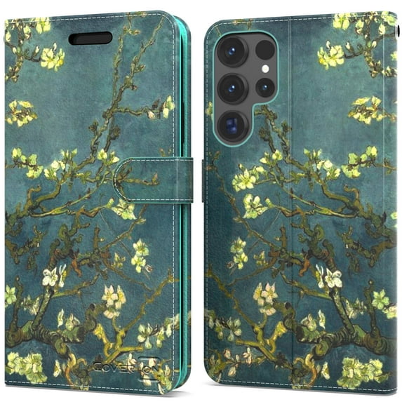 CoverON For Samsung Galaxy S25 Ultra Wallet Case, RFID Blocking Vegan Leather 6x Card Slot Holder Cover Flip Folio Phone Pouch, Almond Blossom Art
