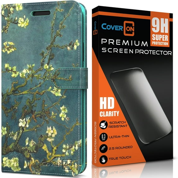 CoverON for Motorola Moto G Power 2021 Wallet Case and Screen Protector Tempered Glass, RFID Blocking Leather 6x Card Slot Phone Pouch, Almond Blossom