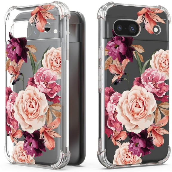 CoverON Phone Design For Google Pixel 8a Case, Clear Flexible Soft Rubber Slim TPU Cover, Peony Flower