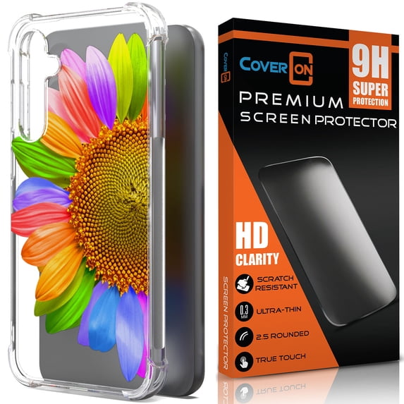 CoverON Phone Design For Samsung Galaxy S23 FE Case and Screen Protector Tempered Glass, Clear Flexible Slim TPU Cover, SunFlower