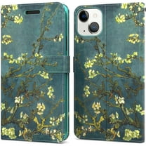 CoverON for Apple iPhone 13 Mini Wallet Case, RFID Blocking Vegan Leather 6x Card Slot Holder Cover Flip Folio Phone Pouch, Almond Blossom Art