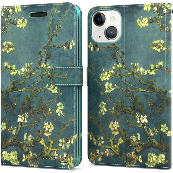 CoverON for Apple iPhone 13 Wallet Case, RFID Blocking Vegan Leather 6x Card Slot Holder Cover Flip Folio Phone Pouch, Almond Blossom Art