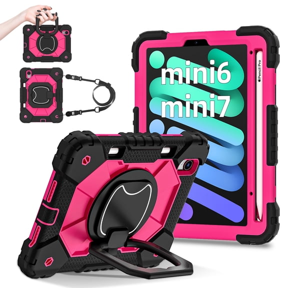 CoverTrend Kids Case for Apple iPad Mini 7 A17 Pro 2024 & iPad Mini 6 2021 8.3-Inch Silicone iPad Mini 7th/6th Case with Shoulder Strap & Pen Holder Rotating Stand 3-Layer Rugged Cover, Black+Rose