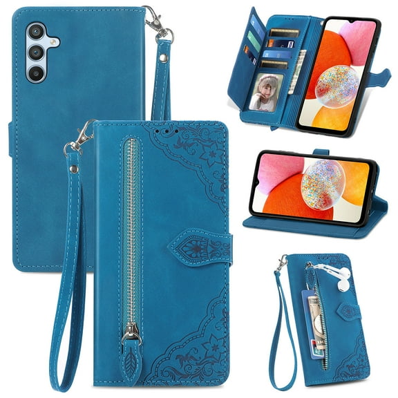CoverTrend for Samsung Galaxy A54 5G Case Wallet for Women,Embossed PU Leather Protective Cover Magnetic Wrist Strap Zipper Card Holder Flip Phone Case with Hand Strap for Samsung Galaxy A54 5G,Blue