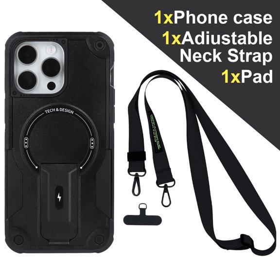 CoverTrend for iPhone 14 Pro Max MagSafe Case with Adjustable Crossbody Lanyard, Military Grade Drop Protection Shockproof Hybrid Rugged Case with Kickstand for iPhone 14 Pro Max,Black