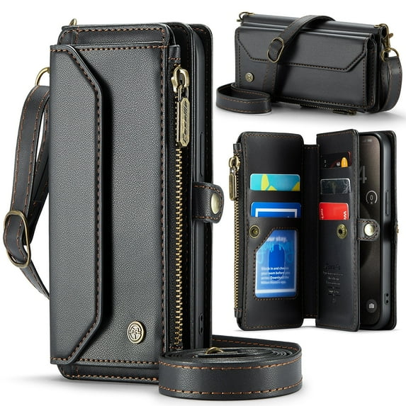 CoverTrend for iPhone 16 Plus Case Crossbody Purse with Strap Women Card Holder Zipper Wallet Lanyard Flip Faux Leather RFID Blocking Stand Cover,Black