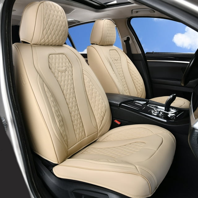 Coverado 2 Seats Beige Front Car Seat Covers, Premium Leatherette Auto Seat Cushions Luxury