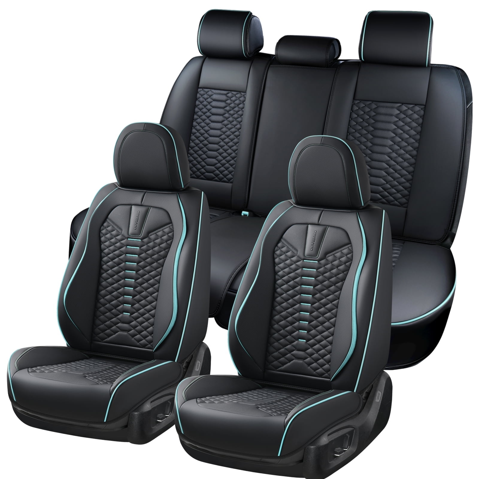 Coverado Black and Blue Trim Car Seat Covers Full Set, Premium Leather Front and Rear Split Bench Cover, Automotive Seat Protectors Universal Fit for Most Cars, SUVs and Trucks