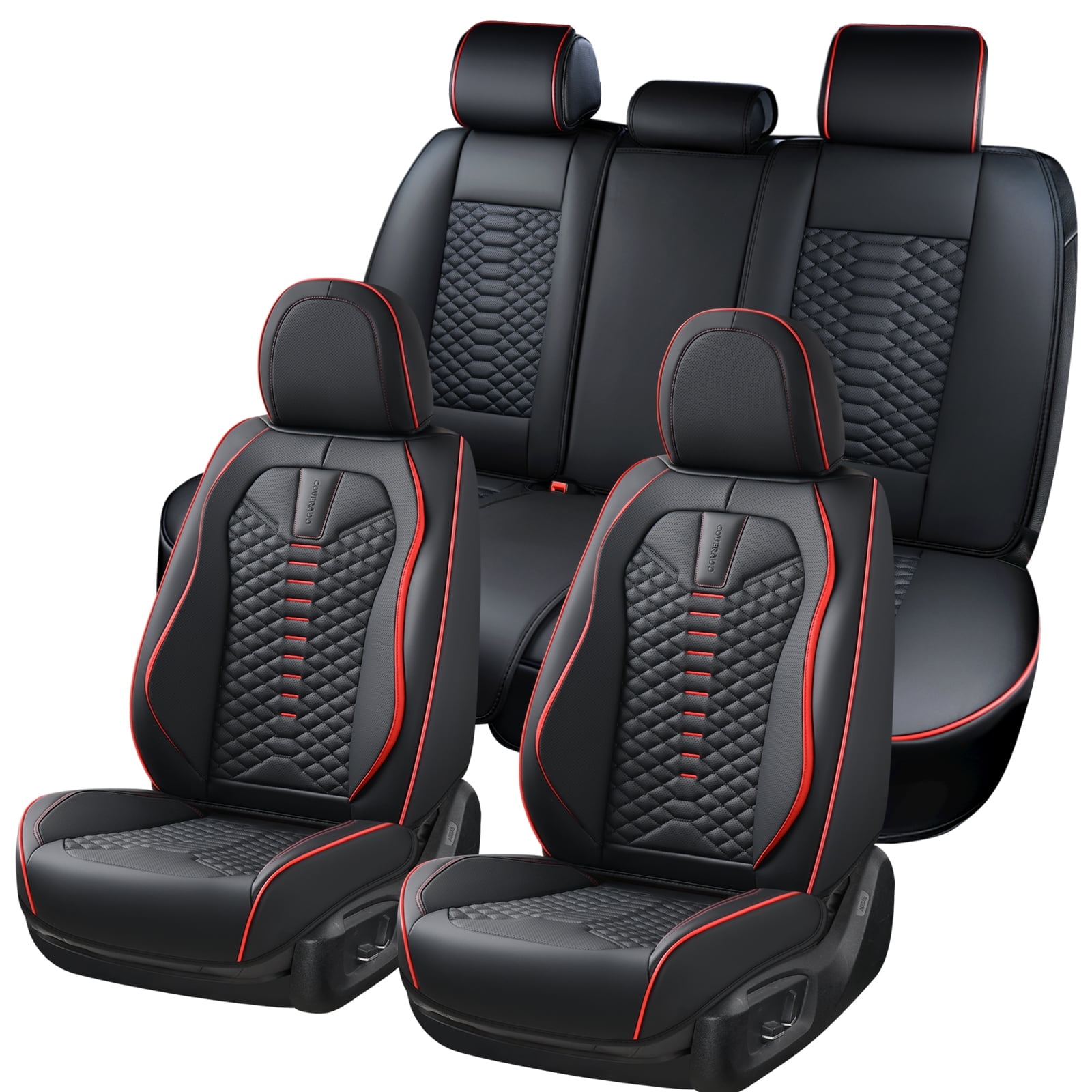 Coverado Black and Red Trim Car Seat Covers Full Set, Premium Leather Front and Rear Split Bench Cover, Automotive Seat Protectors Universal Fit for Most Cars, SUVs and Trucks